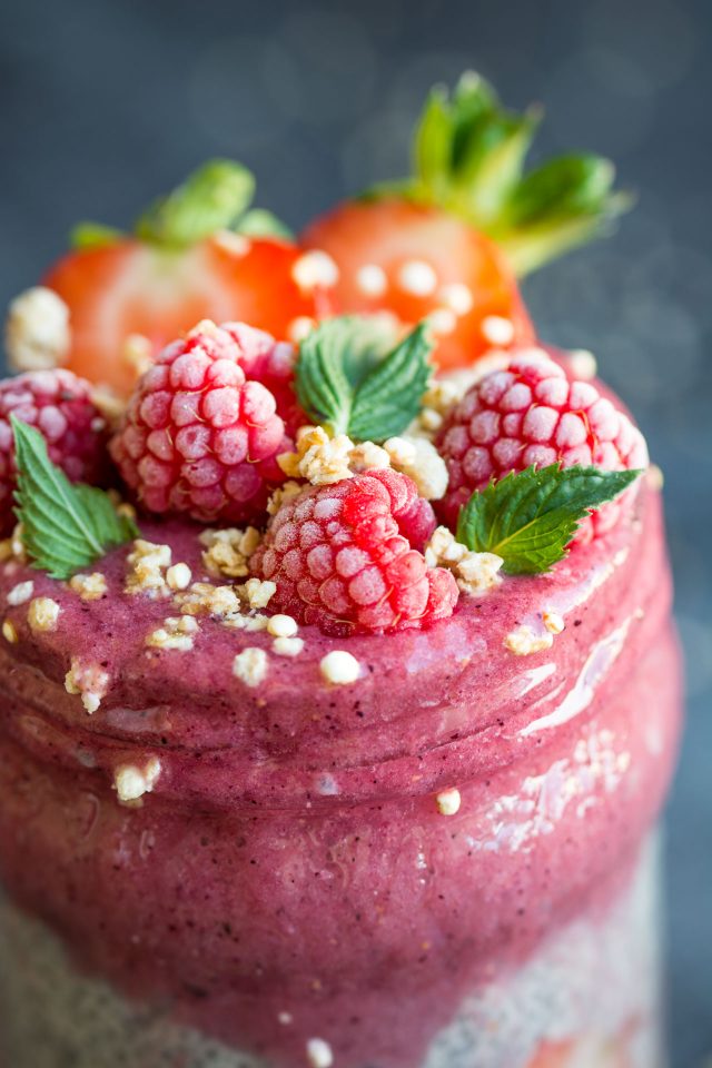 Berry Layered Chia Pudding. Chia seeds transform into a delicious pudding-like texture when soaked in liquid. Take this superfood to the next level by layering it with delicious berry smoothie! Click through to get the recipe!