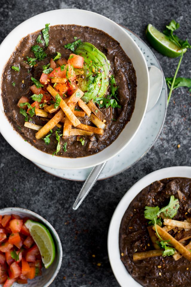 A thick, textured black bean soup that's slowly simmered to be PACKED full of flavour!