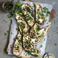 Chargrilled Eggplant with Carrot Top Pesto and Tahini