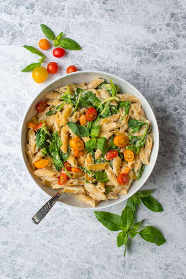 This delicious creamy vegan pasta sauce is made using cauliflower as a base. It's light, full of flavour and absolutely perfect for a lightened up pasta sauce!