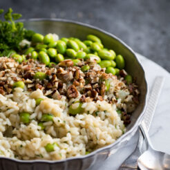 Lemon and Edamame Bean Risotto with Pecan Nuts, a fun twist on a classic dinner!