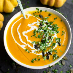 Pumpkin Sage Soup. A vibrant bowl of Autumnal colour and flavour. Make the most of pumpkin season with this herby bowl of sunshine!