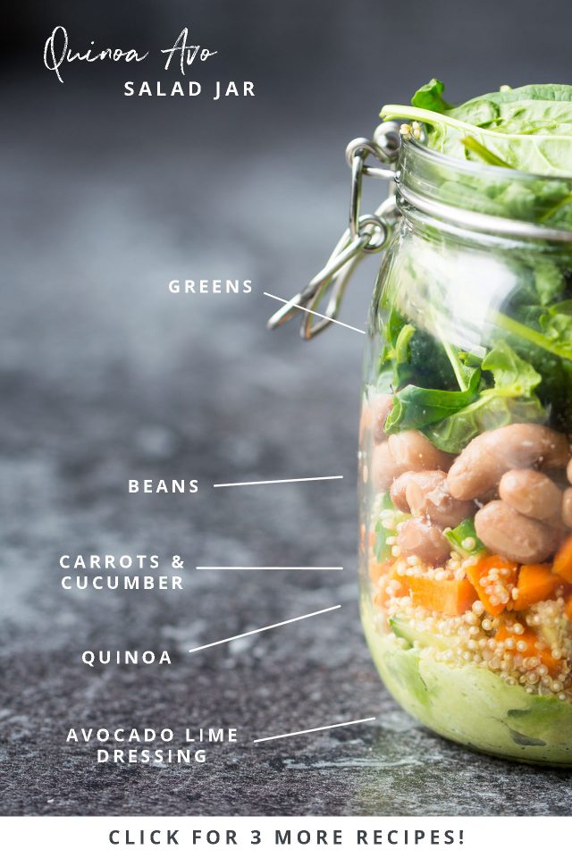 This Quinoa and Avocado Quick, easy, on the go vegan salad jars are perfect for preparing ahead and grabbing on your way to work or school!