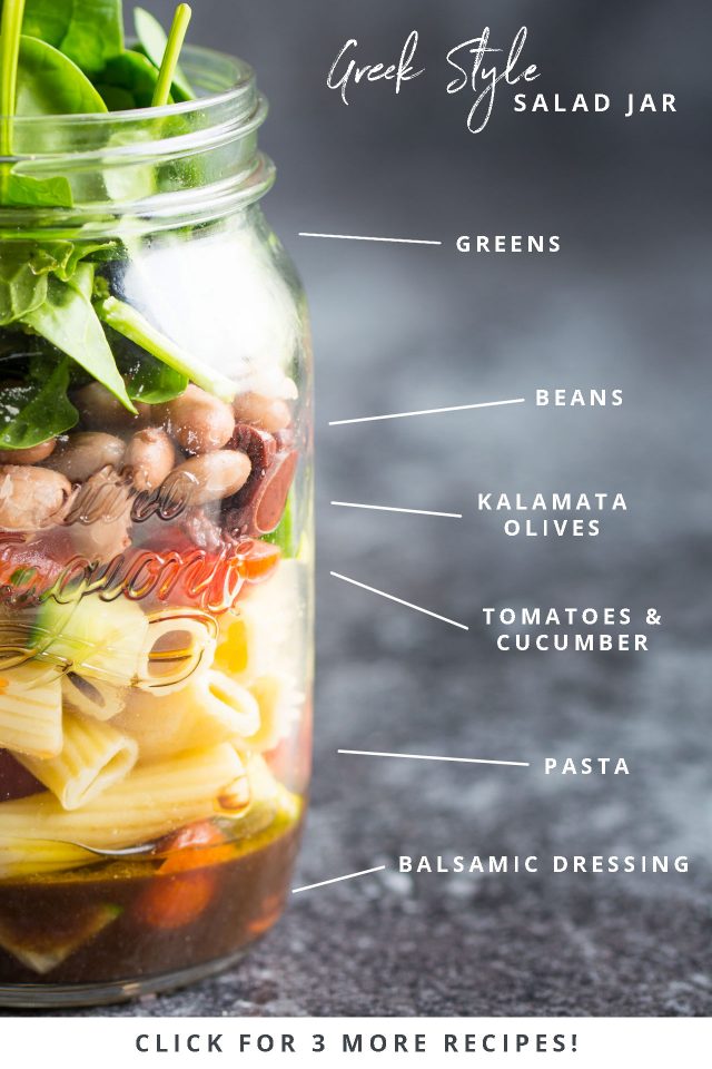 This Greek Style, Quick, easy, on the go vegan salad jars are perfect for preparing ahead and grabbing on your way to work or school!