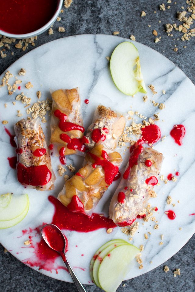 Vegan Winter Spring Rolls Two Ways! Apple Pie filling with granola and a raspberry lime sauce!